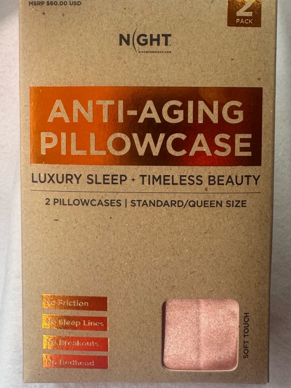 NIGHT Anti-Aging Satin Pillowcases 2 Pack Standard Queen Blush Pink New